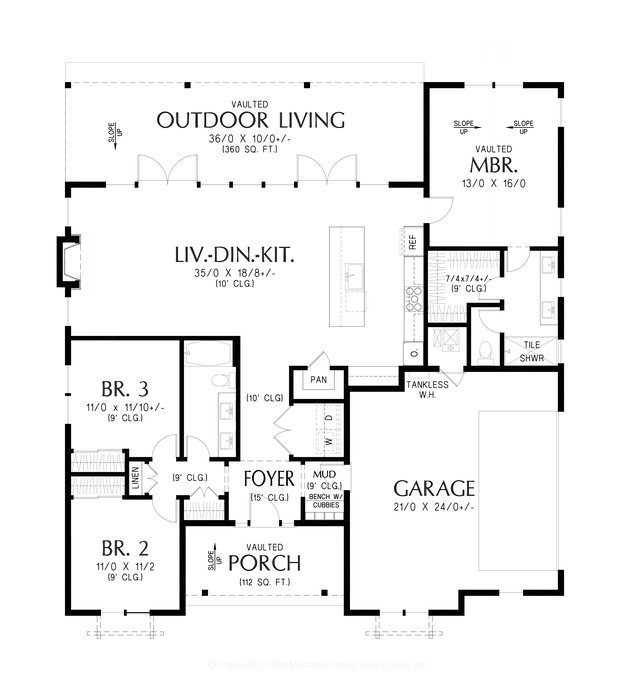 Main Floor Plan image for Mascord Brambleberry-Open Farmhouse House Plan with Split Bedrooms-Main Floor Plan
