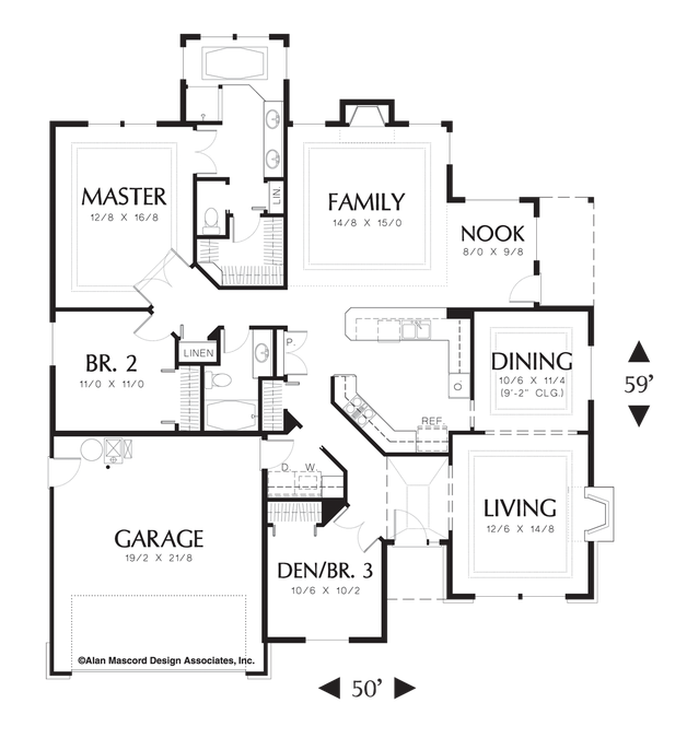 Main Floor Plan image for Mascord Martin-Single Story Plan with Hipped Roof-Main Floor Plan