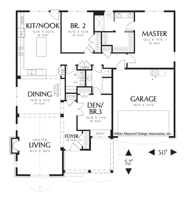 Main Floor Plan image for Mascord Odell-Single Story Cottage Plan with Two Car Garage-Main Floor Plan