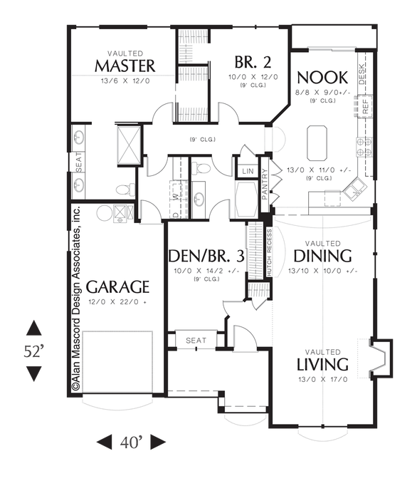 Main Floor Plan image for Mascord Wenlock-Cottage Plan with Vaulted Ceilings and Fireplace-Main Floor Plan