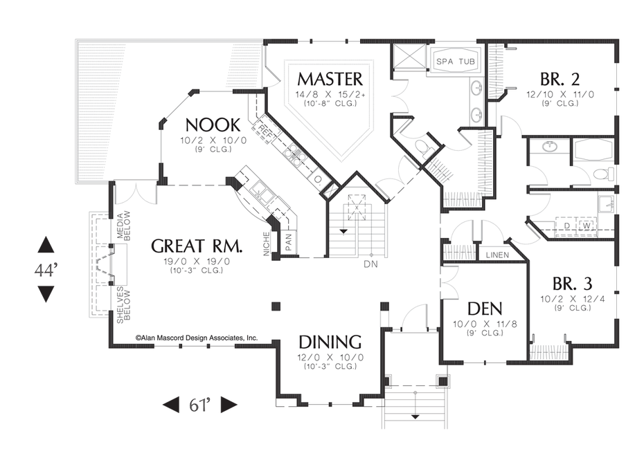 Main Floor Plan image for Mascord Janesville-Traditional Plan with U-shaped Staircase and Skylight-Main Floor Plan