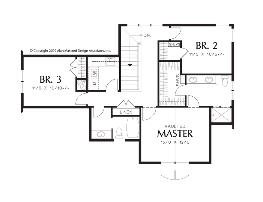 Upper Floor Plan image for Mascord Gutenberg-Rear Facing Garage Leads to Charming Curb Appeal-Upper Floor Plan