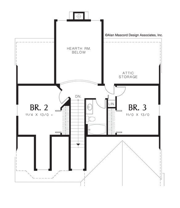 Upper Floor Plan image for Mascord Hadley-Cape Cod Style Plan with Hearth Room-Upper Floor Plan
