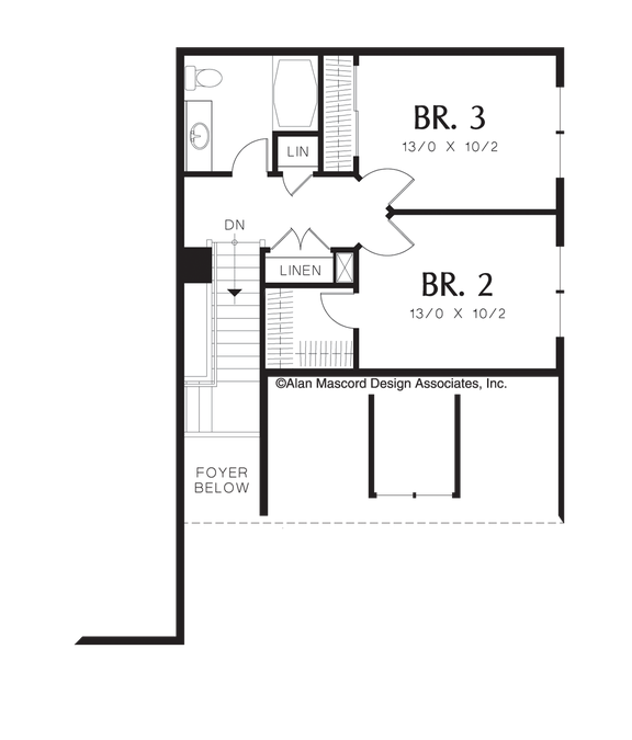 Upper Floor Plan image for Mascord Marshall-Small Family Cottage Plan with Vaulted Ceilings-Upper Floor Plan