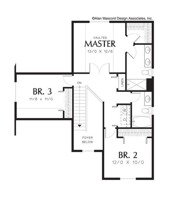 Upper Floor Plan image for Mascord Charleston-Upstairs Skylight in Traditional Home Plan-Upper Floor Plan