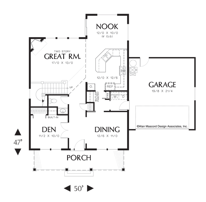 Main Floor Plan image for Mascord Jamestown-Charming Country Style Great Room Plan with Den-Main Floor Plan