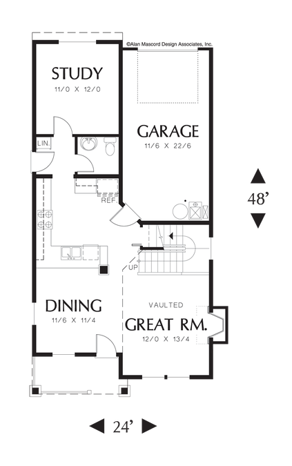 Main Floor Plan image for Mascord Ballard-Narrow Craftsman Plan with Garage in Rear-Main Floor Plan