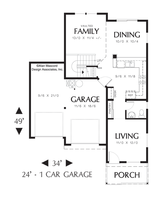 Main Floor Plan image for Mascord Dayton-Narrow Lot 3 Bedroom Traditional Floor Plan-Main Floor Plan