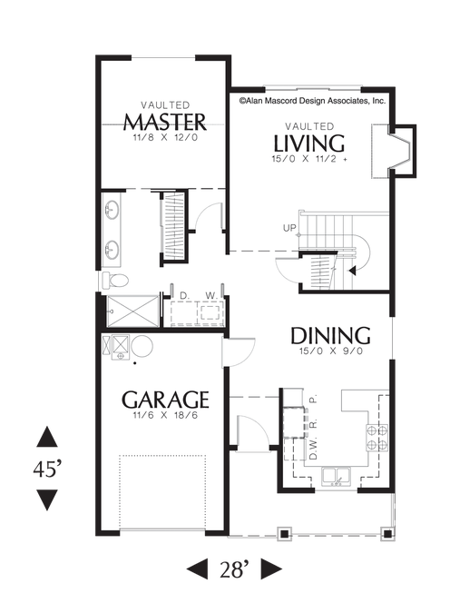 Main Floor Plan image for Mascord Meredith-Narrow Craftsman Plan with Vaulted Ceilings-Main Floor Plan