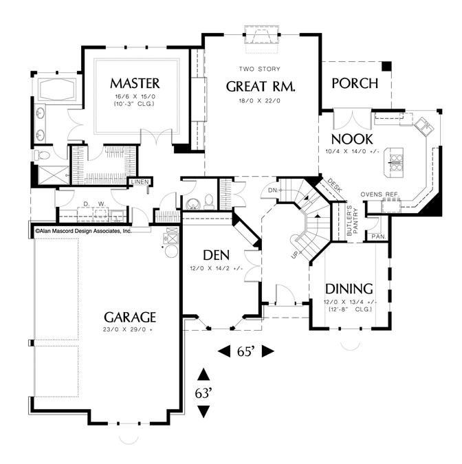 Main Floor Plan image for Mascord Dunewood-3 Bedroom Traditional Plan with Bonus Room and Den-Main Floor Plan