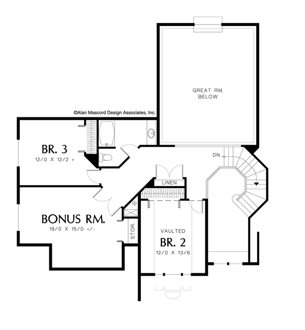 Upper Floor Plan image for Mascord Dunewood-3 Bedroom Traditional Plan with Bonus Room and Den-Upper Floor Plan