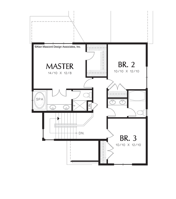 Upper Floor Plan image for Mascord Bordeaux-Tudor Style Plan with Tall Roof Line, Garage in Back-Upper Floor Plan