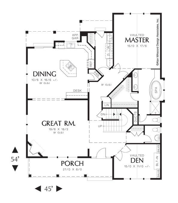 Main Floor Plan image for Mascord Greensburg-Traditional Plan with Corner Fireplace and Spa Tub-Main Floor Plan