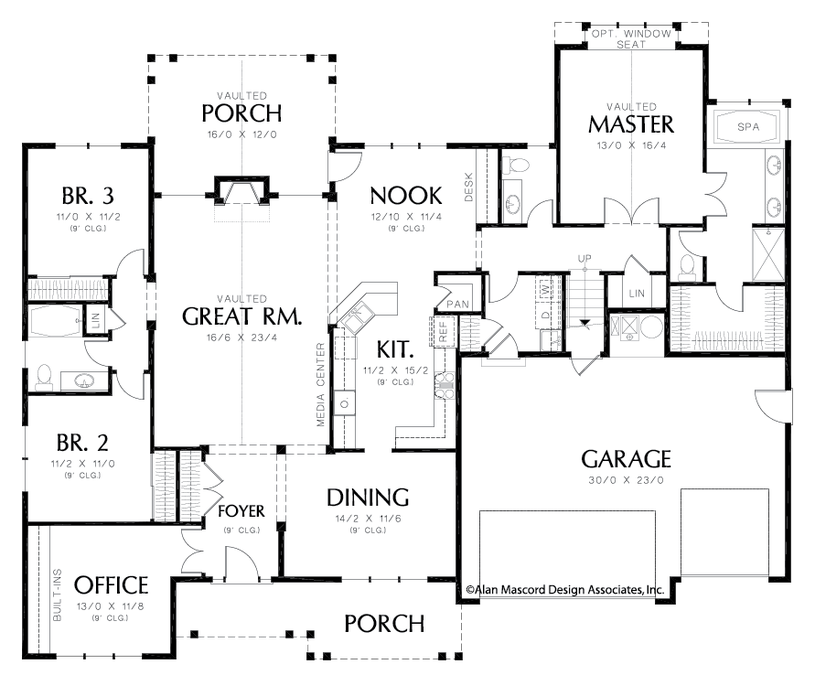 Main Floor Plan image for Mascord Jasper-Great Room, Split-bedroom Plan with Storage-Main Floor Plan