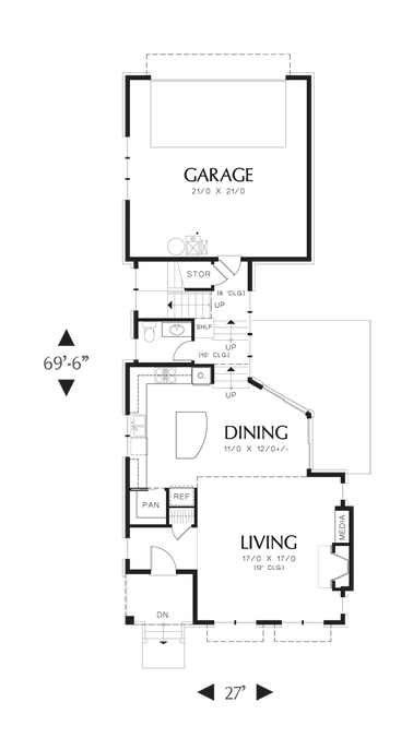 Main Floor Plan image for Mascord Nichols-Quaint 2 Story Narrow Lot Plan-Main Floor Plan