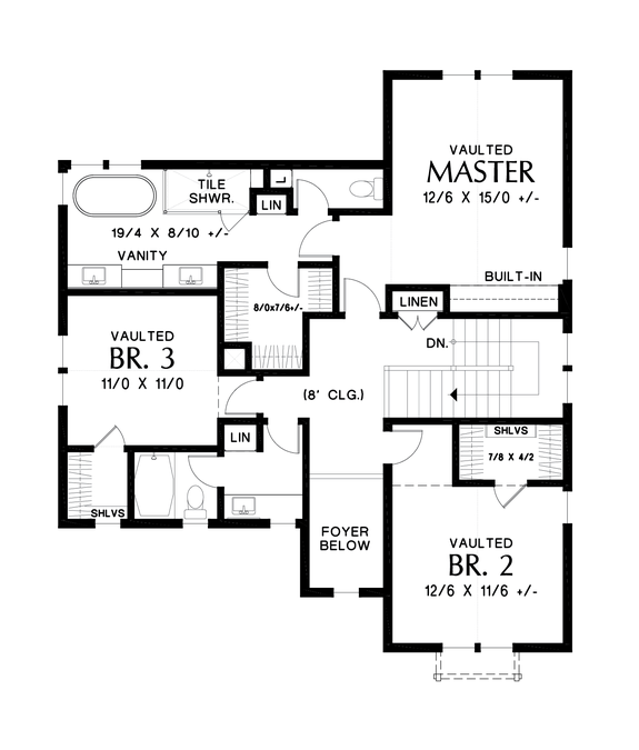 Upper Floor Plan image for Mascord Lone Pine-Modern Farmhouse with vaulted great room and free-standing tub in master suite-Upper Floor Plan