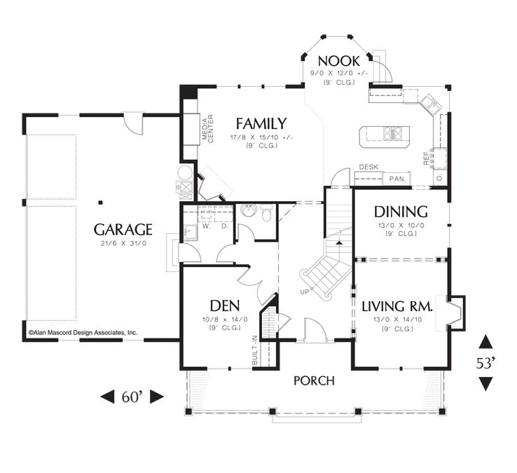 Main Floor Plan image for Mascord Brayton-Media Center and Fireplace in Farmhouse Plan-Main Floor Plan