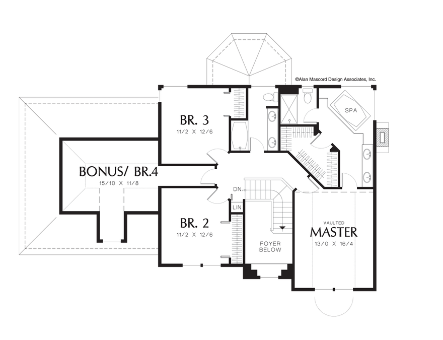 Upper Floor Plan image for Mascord Stinson-Grand Exterior on Colonial Style Plan, Cozy Interior-Upper Floor Plan