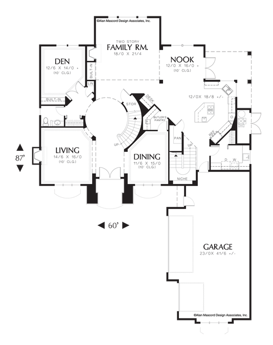 Main Floor Plan image for Mascord Halverson-Spacious Kitchen and Nook in Plan with 2 Staircases-Main Floor Plan