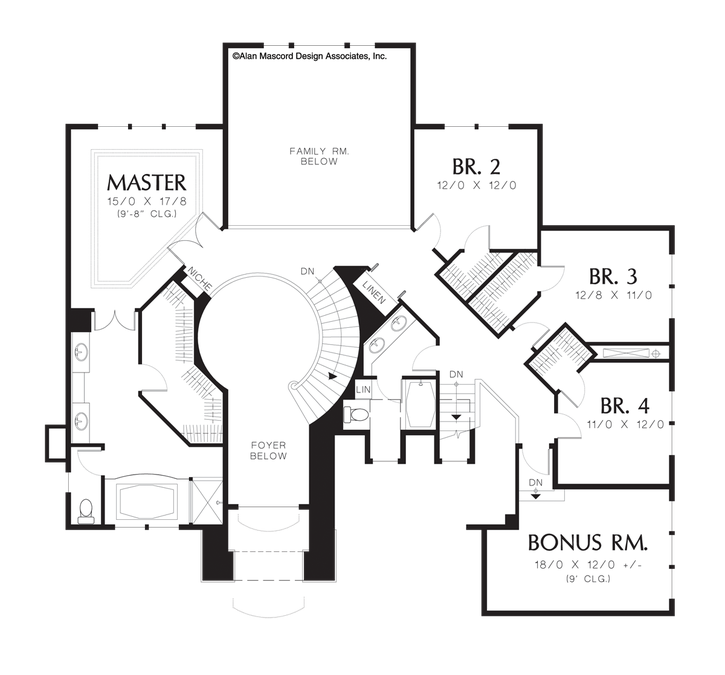 Upper Floor Plan image for Mascord Halverson-Spacious Kitchen and Nook in Plan with 2 Staircases-Upper Floor Plan