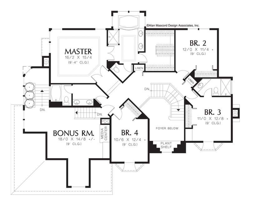 Upper Floor Plan image for Mascord Bellingrath-4 Bedroom Plan for Side-sloping Lot-Upper Floor Plan