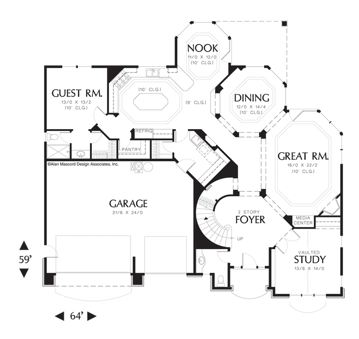 Main Floor Plan image for Mascord Reynolds-Barrel Vaulted Entry Leading to a Two Story Foyer-Main Floor Plan