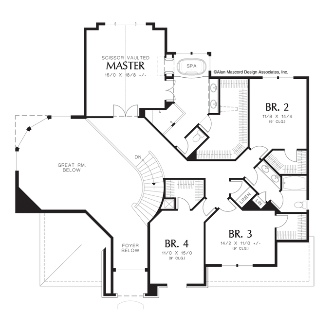 Upper Floor Plan image for Mascord Sedgwick-Curved Wall of Glass in Great Room-Upper Floor Plan