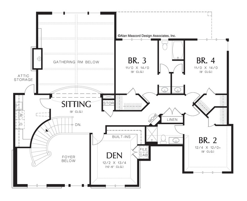 Upper Floor Plan image for Mascord Marigold-French Country Plan with Curved Staircase-Upper Floor Plan