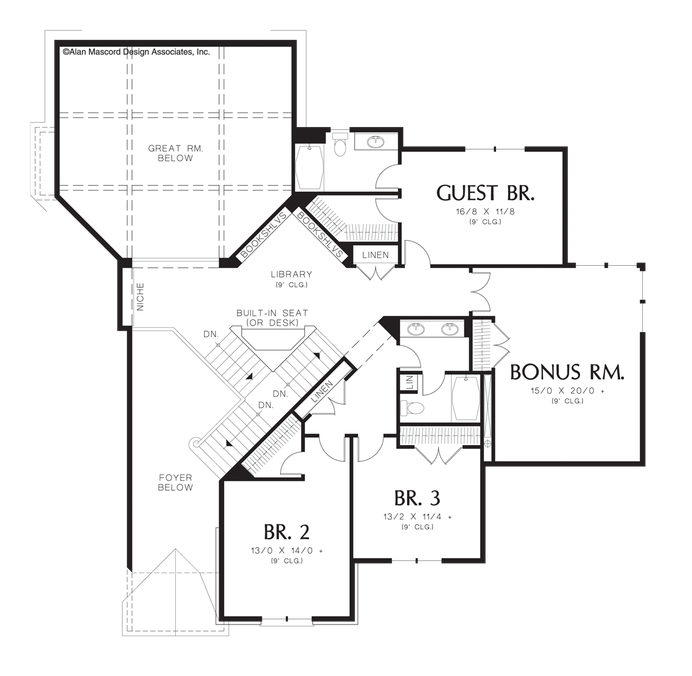 Upper Floor Plan image for Mascord Ellisville-2 Story Great Room Plan with Built-in Media Center-Upper Floor Plan