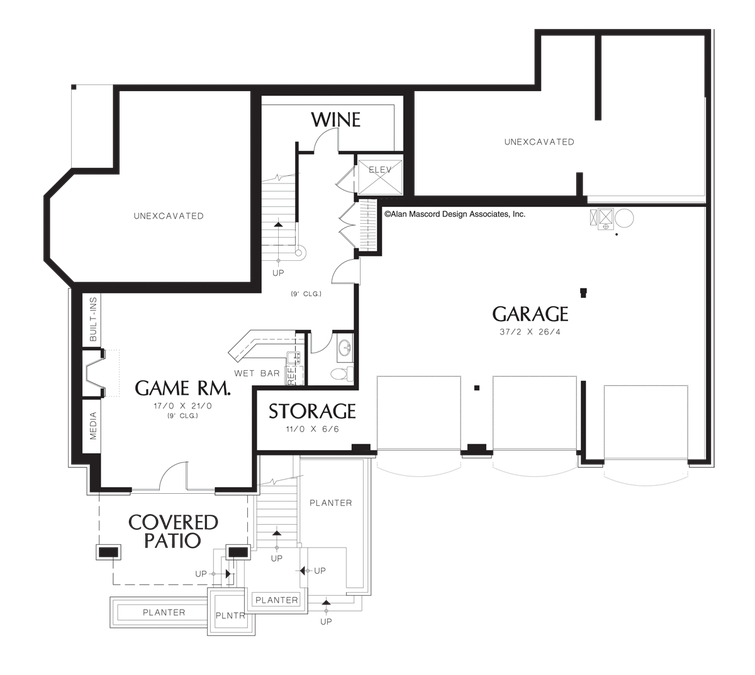 Lower Floor Plan image for Mascord Goldstein-Game Room with Fireplace in Sloping Lot Plan-Lower Floor Plan