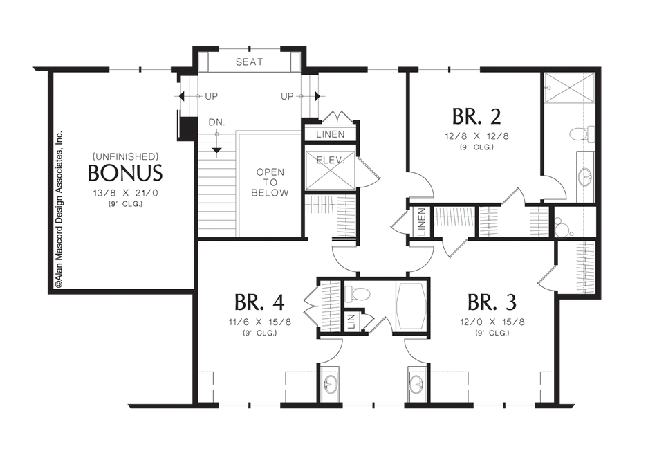 Upper Floor Plan image for Mascord Goldstein-Game Room with Fireplace in Sloping Lot Plan-Upper Floor Plan