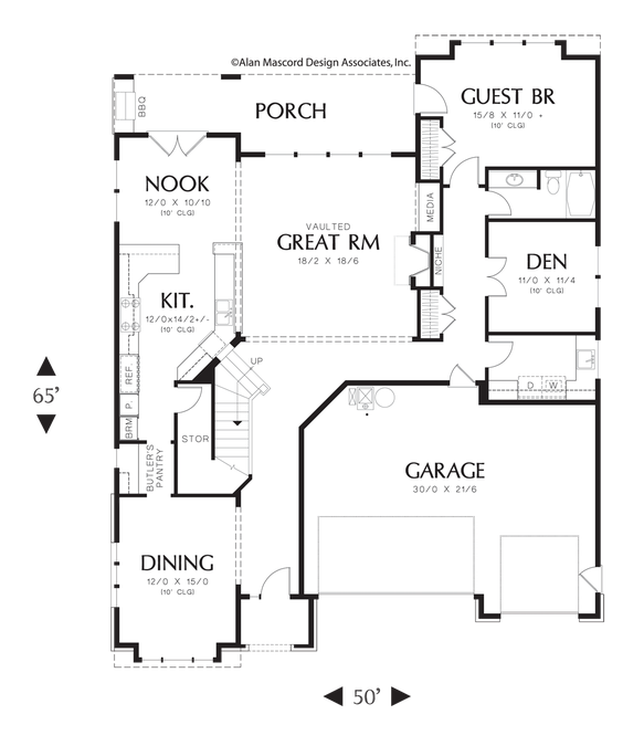 Main Floor Plan image for Mascord Tucker-Sweeping Rooflines and Functional Floor Plan-Main Floor Plan