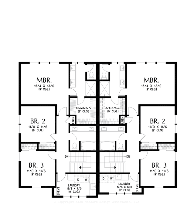 Upper Floor Plan image for Mascord Kutcher-Rear Loading Farmhouse Duplex-Upper Floor Plan