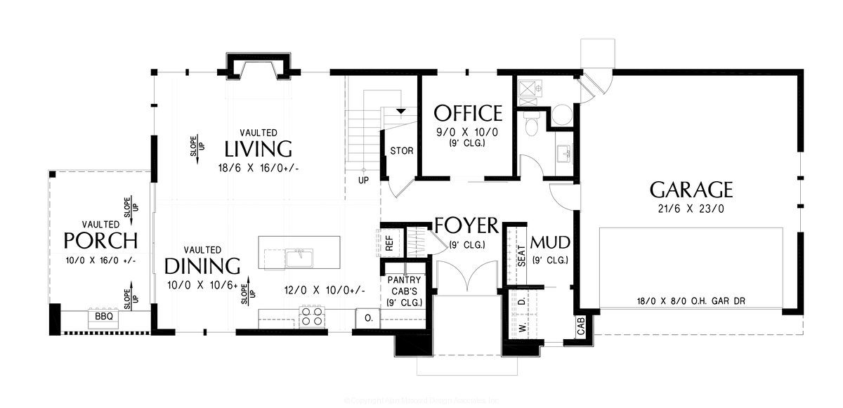 Main Floor Plan image for Mascord Ohio-Vaulted spaces, loft area and side-yard porch-Main Floor Plan