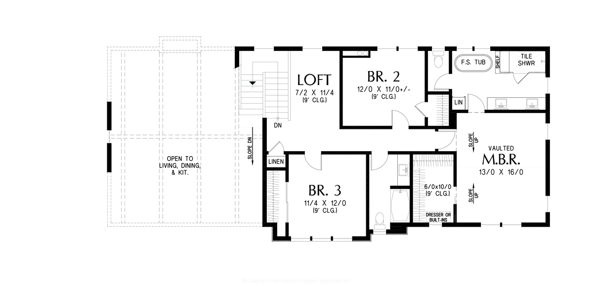 Upper Floor Plan image for Mascord Ohio-Vaulted spaces, loft area and side-yard porch-Upper Floor Plan